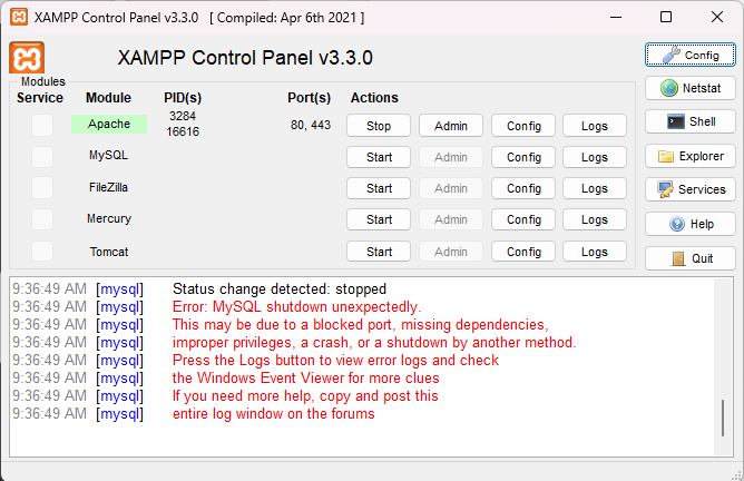 Error: MySQL shutdown unexpectedly.